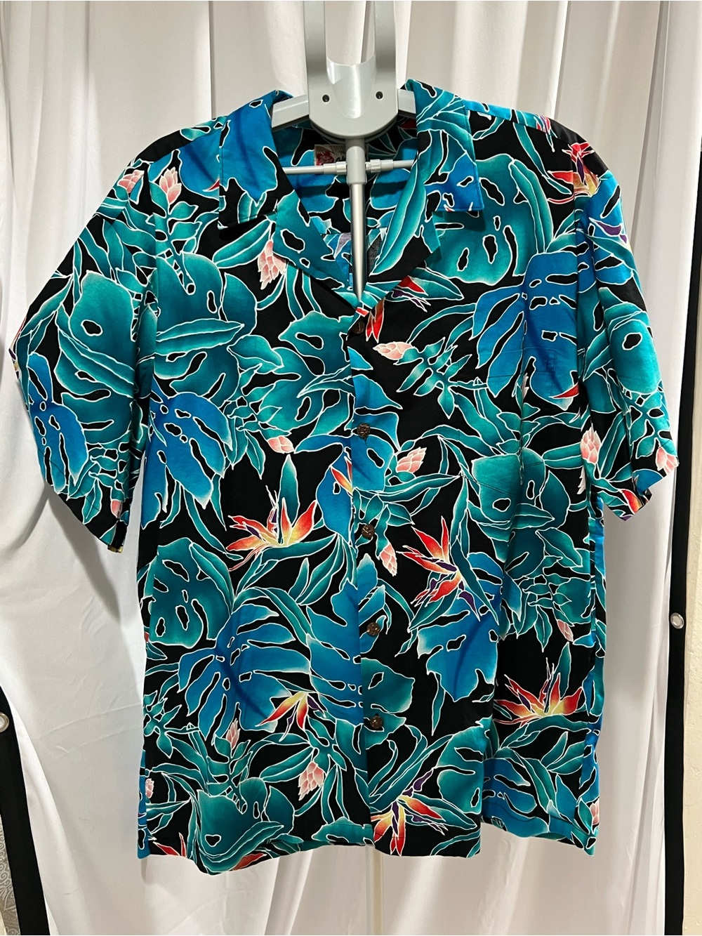 Men's Black Tropical Leaf Button-Down Shirt in Teal Blue